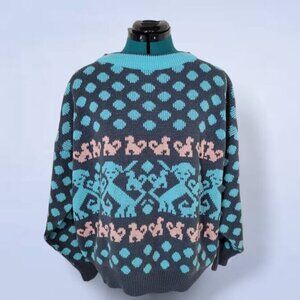 Vintage 80s 90s Kaos Blue Polka Dot Sweater with Dogs - Size Medium